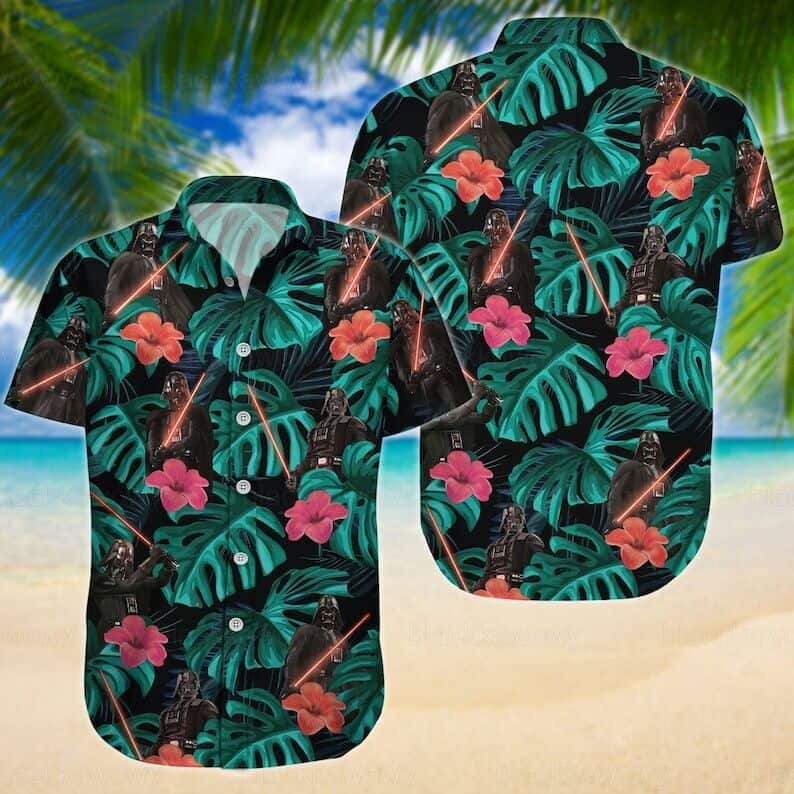 Star Wars Darth Vader Hawaiian Shirt Palm Leaves Pattern On Black Theme