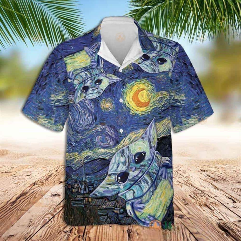 Van Gogh Starry Night Aloha Baby Yoda Star Wars Hawaiian Shirt Gift For Mandalorian Fans