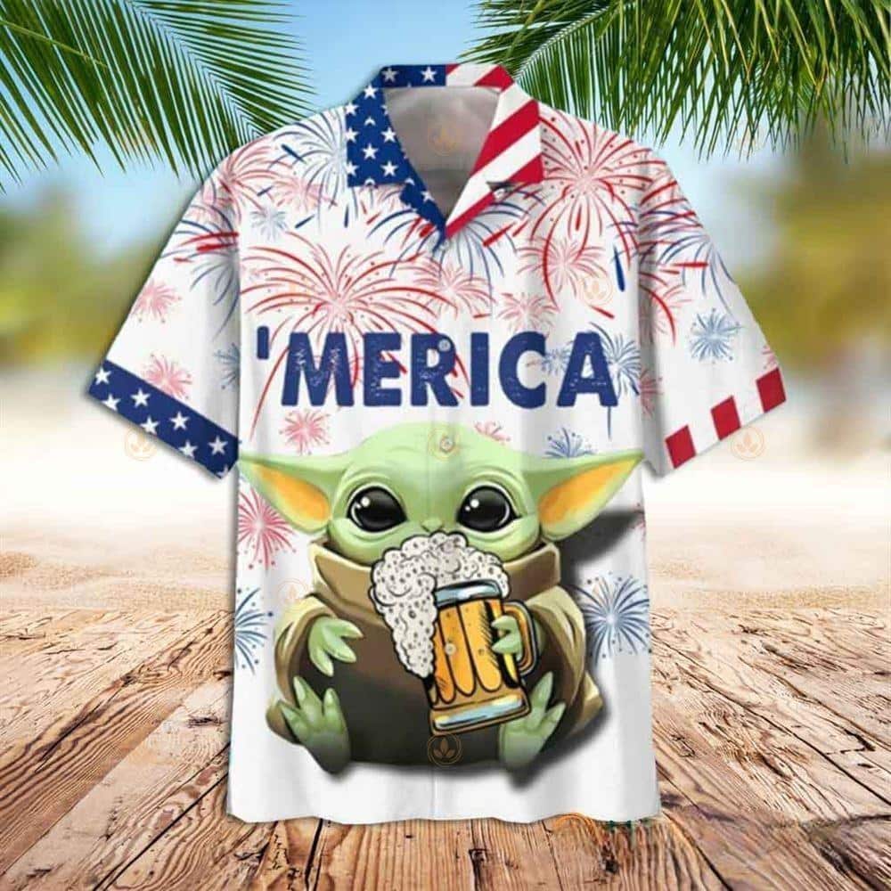 Star Wars Baby Yoda With Beer Hawaiian Shirt Fireworks Independence Day