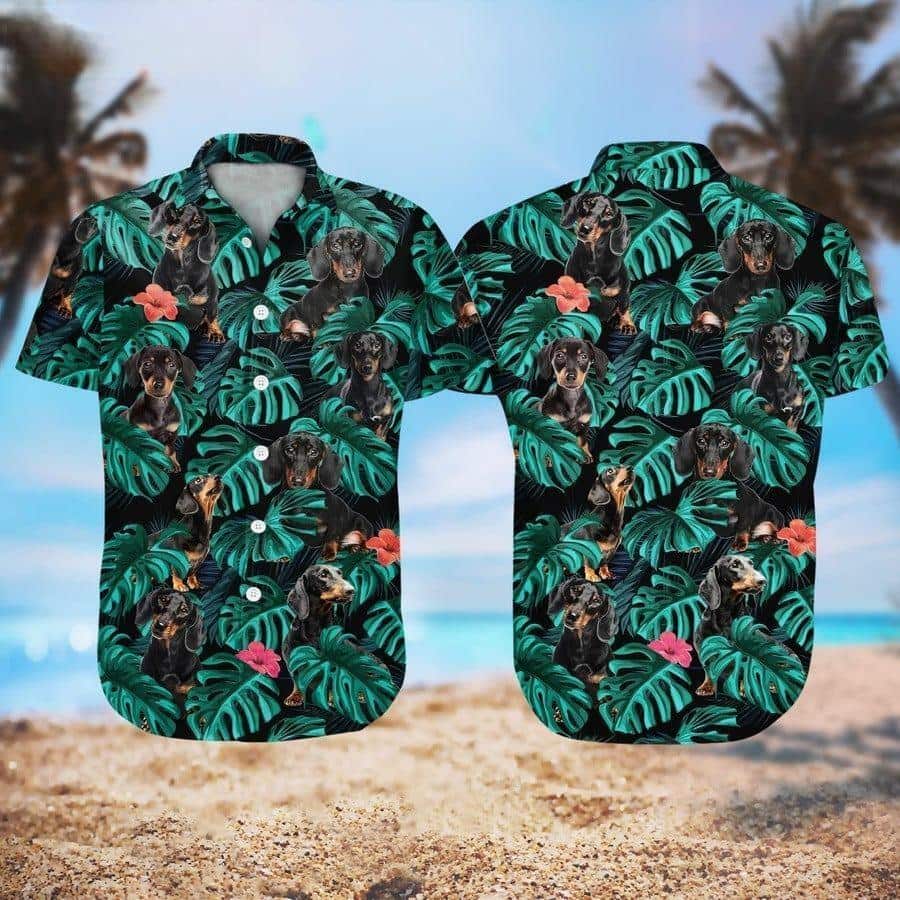 Summer Aloha Dachshund Hawaiian Shirt Palm Leaves Pattern On Dark Theme Summer Aloha Dachshund Hawaiian Shirt Palm Leaves Pattern On Dark Theme