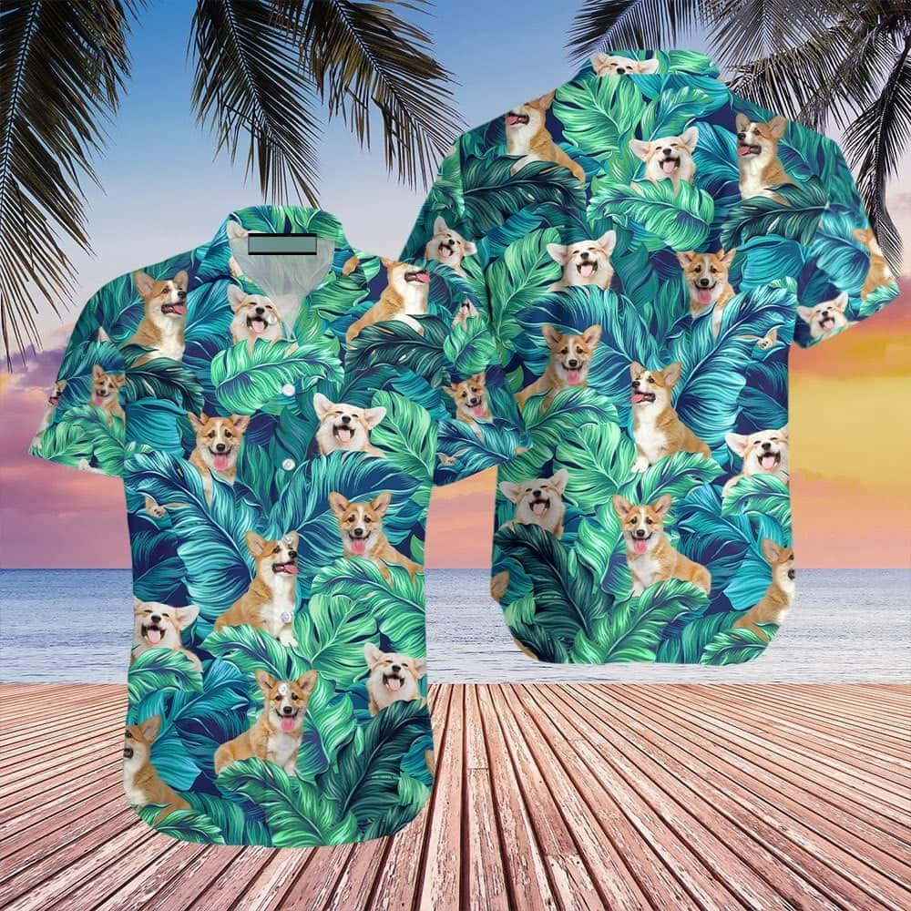 Corgi Cute Dog Hawaiian Shirt Palm Leaves Pattern