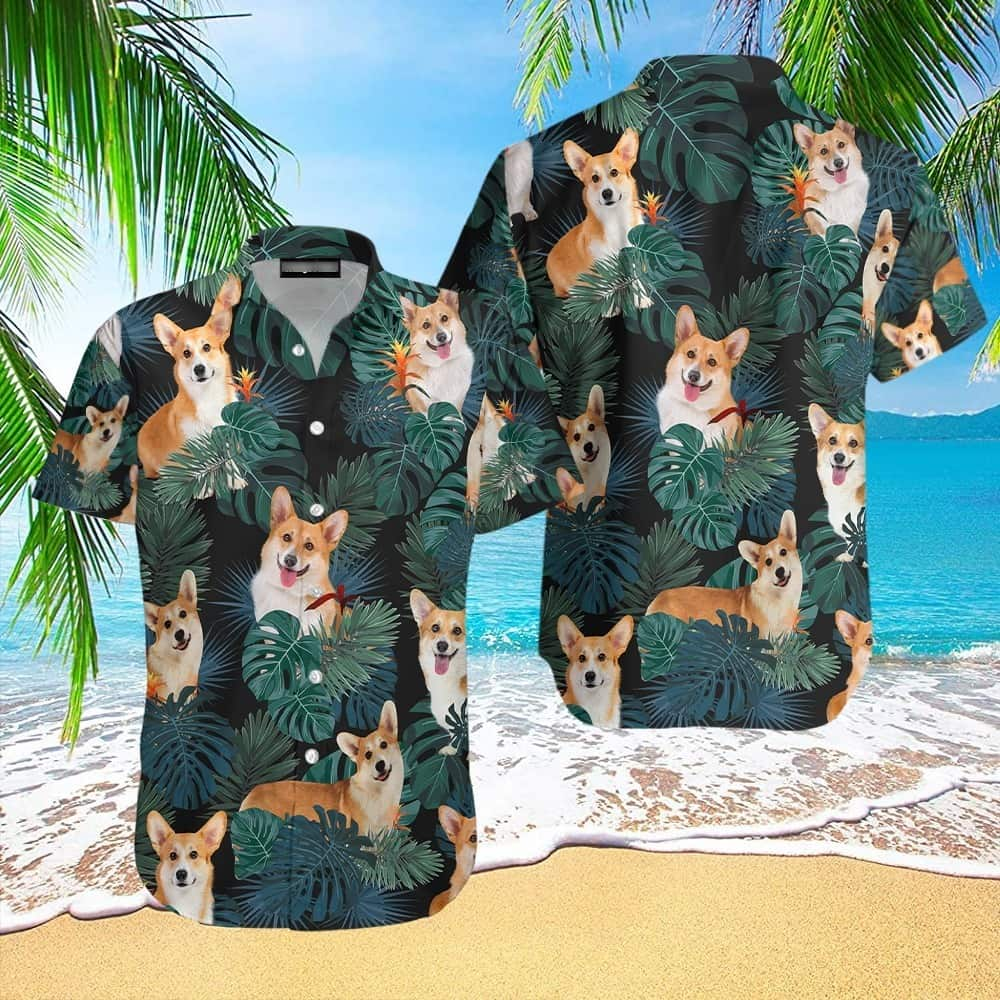 Corgi Hawaiian Shirt Palm Leaves Pattern Gift For Beach Trip