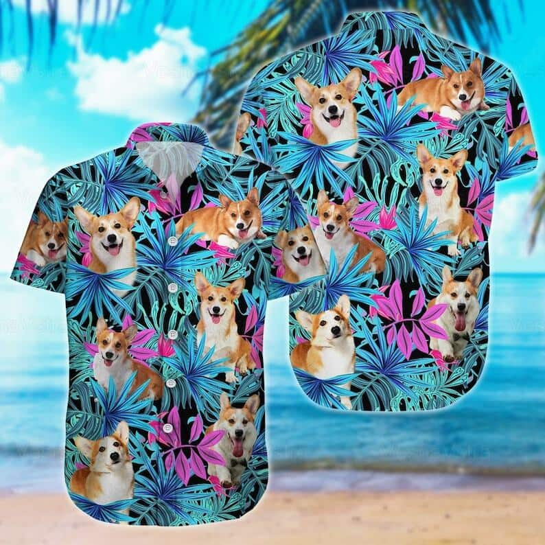 Summer Aloha Palm Leaves Pattern With Corgi Hawaiian Shirt