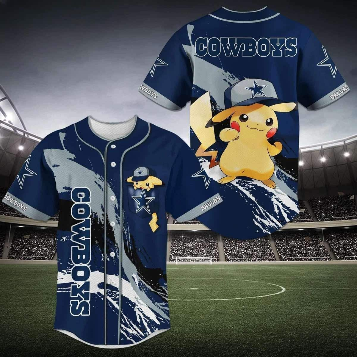 Pikachu Wearing A Hat Dallas Cowboys Baseball Jersey