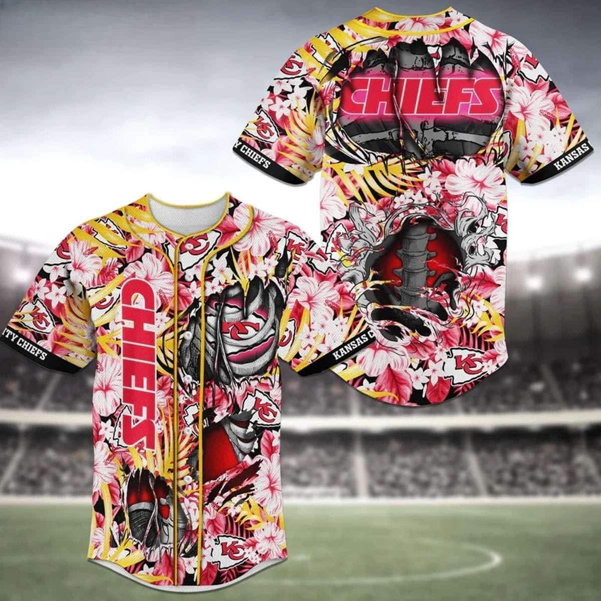 NFL Kansas City Chiefs Baseball Jersey Skeleton And Tropical Flower Pattern NFL Kansas City Chiefs Baseball Jersey Skeleton And Tropical Flower Pattern