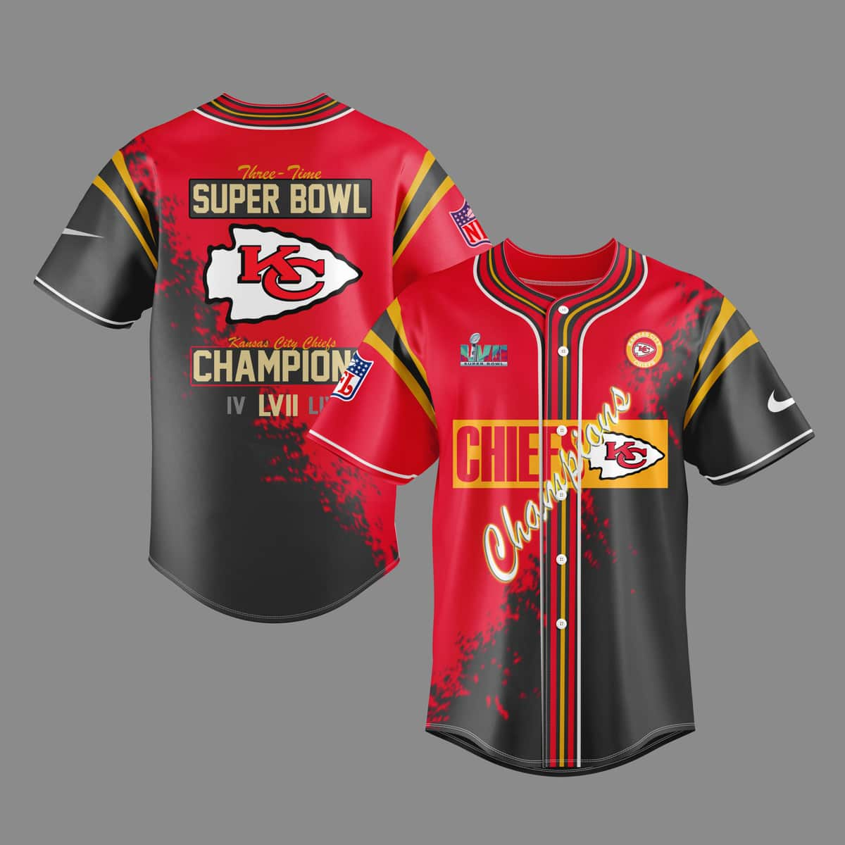 Three-Time NFL Kansas City Chiefs Super Bowl Champions Baseball Jersey