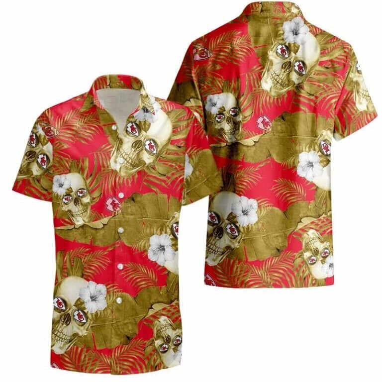 NFL Kansas City Chiefs Skull And Tropical Leaves Hawaiian Shirt NFL Kansas City Chiefs Skull And Tropical Leaves Hawaiian Shirt