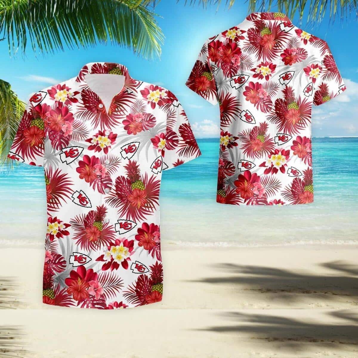 NFL Kansas City Chiefs Hawaiian Shirt Tropical Flower Pattern On White Theme NFL Kansas City Chiefs Hawaiian Shirt Tropical Flower Pattern On White Theme