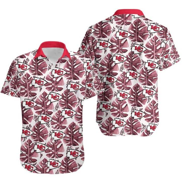NFL Kansas City Chiefs Hawaiian Shirt Leaf & Logo Pattern Summer Beach Gift NFL Kansas City Chiefs Hawaiian Shirt Leaf & Logo Pattern Summer Beach Gift