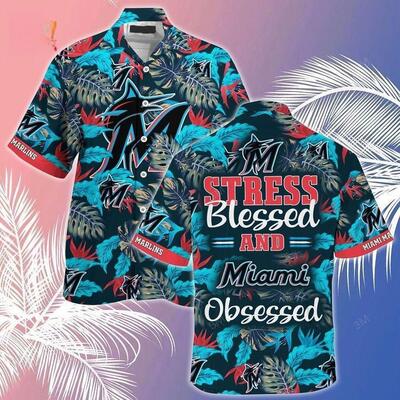MLB Miami Marlins Hawaiian Shirt Stress Blessed Obsessed Summer Aloha Gift MLB Miami Marlins Hawaiian Shirt Stress Blessed Obsessed Summer Aloha Gift
