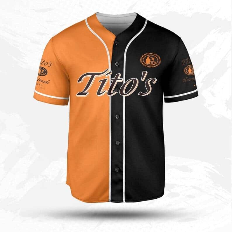 Orange And Black Split Tito's Baseball Jersey Vodka Gift For Him Orange And Black Split Tito's Baseball Jersey Vodka Gift For Him