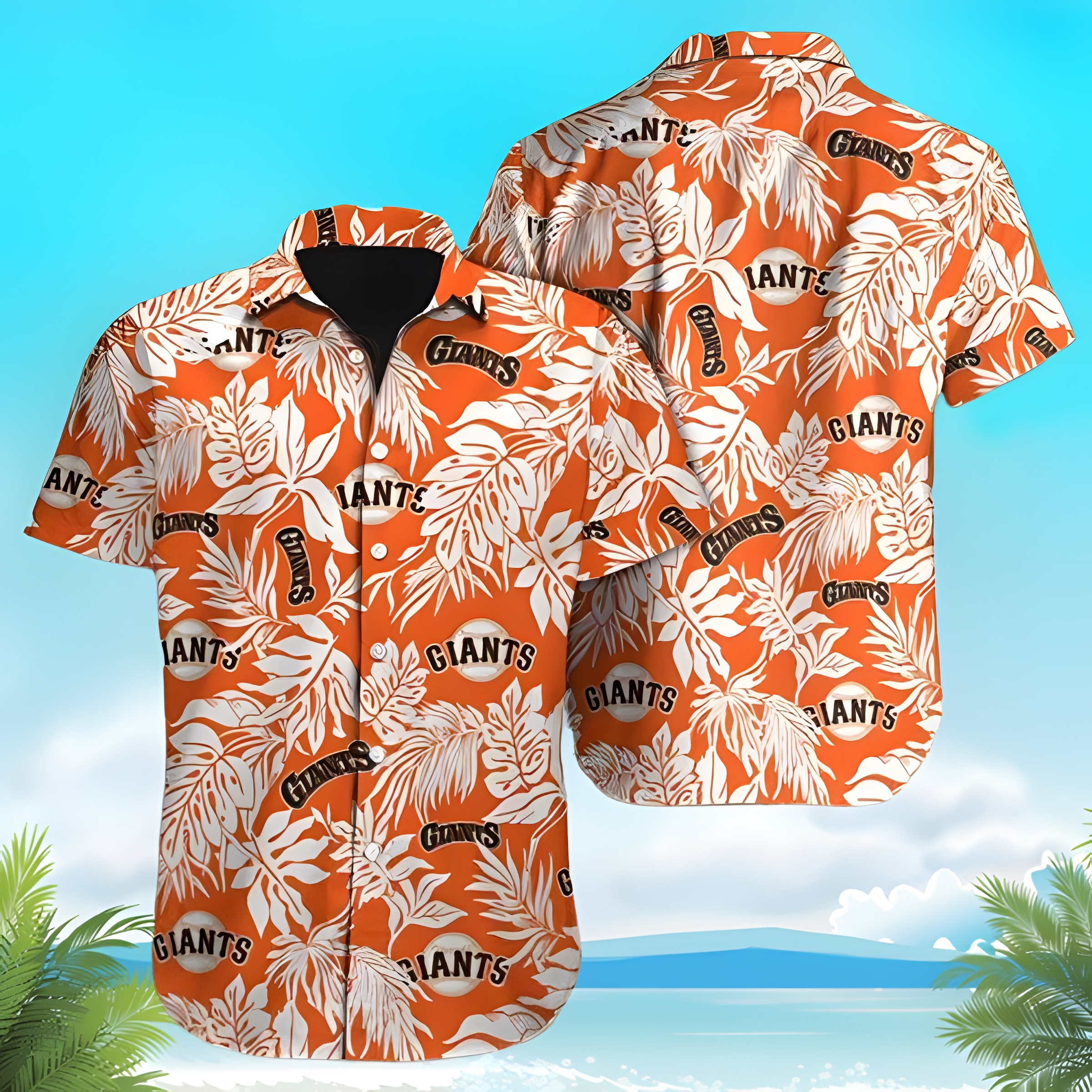 Fashionable MLB San Francisco Giants Hawaiian Shirt White Tropical Leaf Pattern On Orange Background Hawaiian Beach Lovers Gift