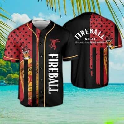 Fireball Baseball Jersey Tastes Like Heaven Burns Like Hell US Flag Gift For Whisky Lovers Fireball Baseball Jersey Tastes Like Heaven Burns Like Hell US Flag Gift For Whisky Lovers