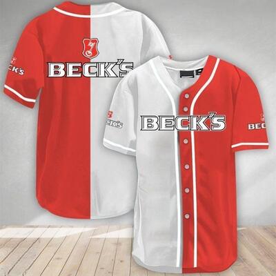 White And Red Split Beck’s Baseball Jersey Gift For Sporty Boyfriend White And Red Split Beck’s Baseball Jersey Gift For Sporty Boyfriend