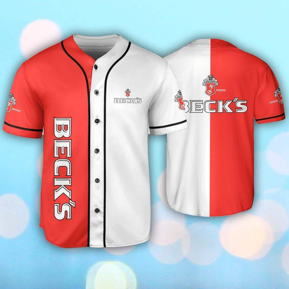 Red And White Split Beck’s Baseball Jersey Gift For Beer Lovers