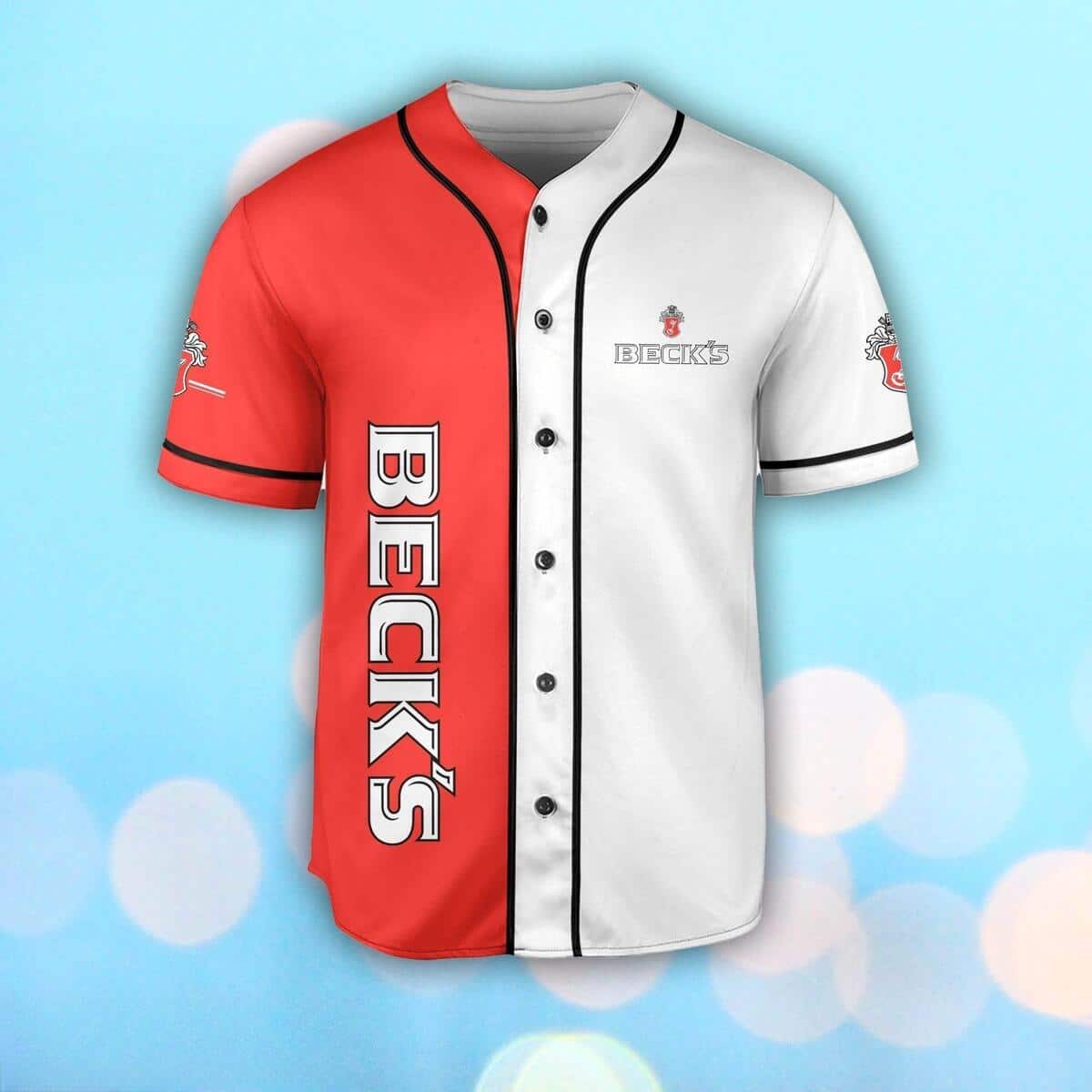 Red And White Split Beck’s Baseball Jersey Gift For Beer Lovers Red And White Split Beck’s Baseball Jersey Gift For Beer Lovers