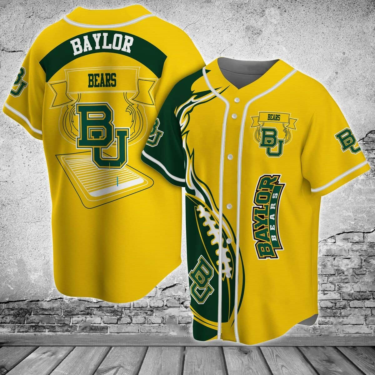 Yellow NCAA Baylor Bears Baseball Jersey Flaming Ball Gift For Sporty Husband