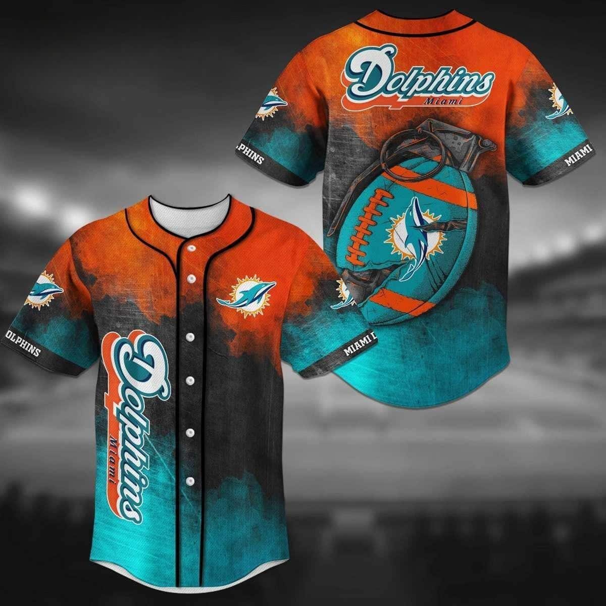 Stylish NFL Miami Dolphins Baseball Jersey Mascot In Grenade Best Gift For New Dad Stylish NFL Miami Dolphins Baseball Jersey Mascot In Grenade Best Gift For New Dad