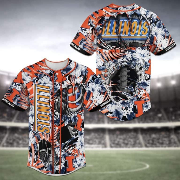 Stylish NCAA Illinois Fighting Illini Baseball Jersey Skeleton And Flowers Gift For New Dad