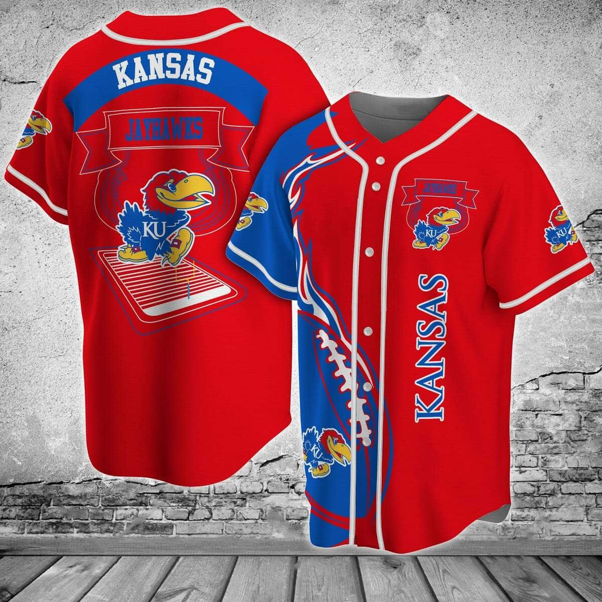 Red NCAA Kansas Jayhawks Baseball Jersey Rugby Ball In Blue Fire Gift For Friends