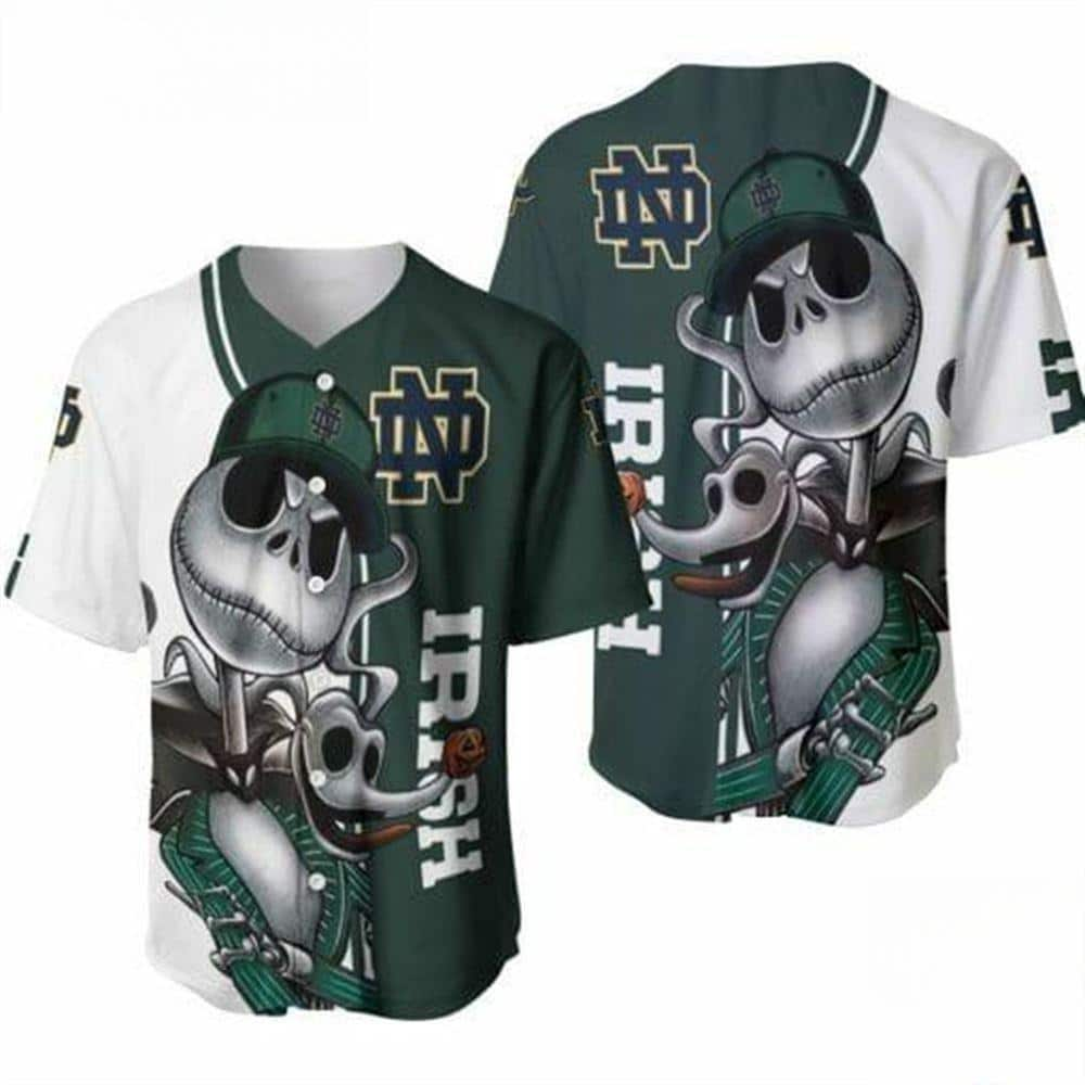 White And Green NCAA Notre Dame Baseball Jersey Jack Skellington And Zero Gift For Halloween