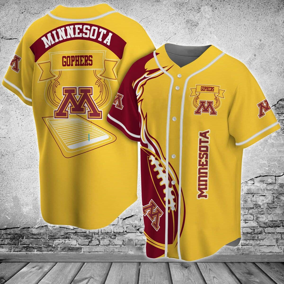 Yellow NCAA Minnesota Gophers Baseball Jersey Flaming Ball Gift For New Dad