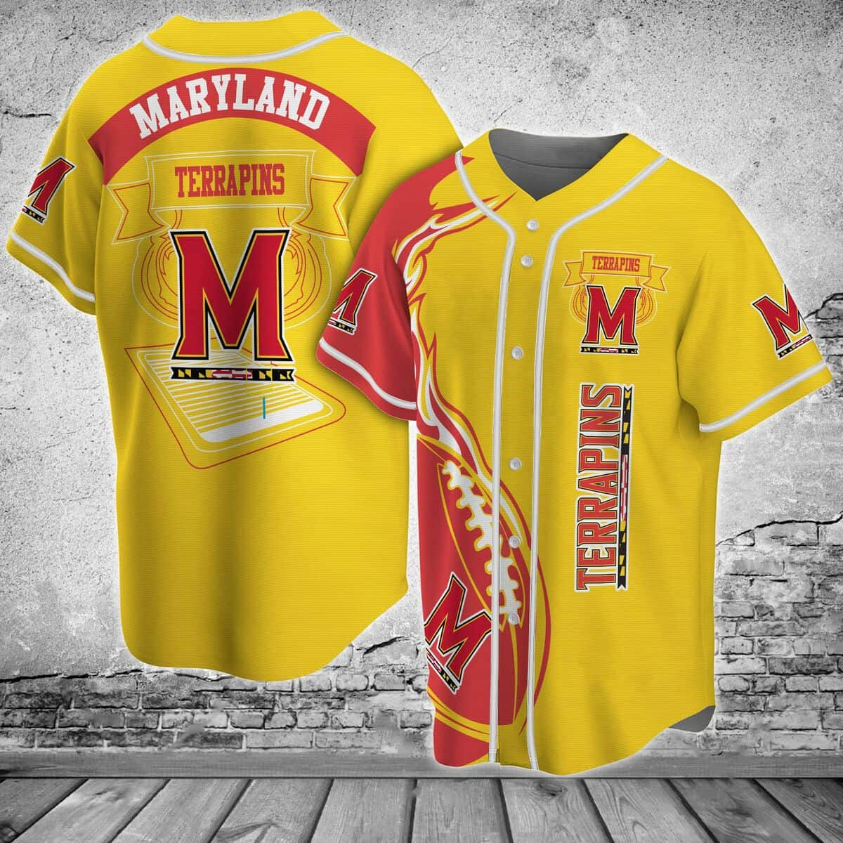 Yellow NCAA Maryland Terrapins Baseball Jersey Flaming Ball Gift For Him