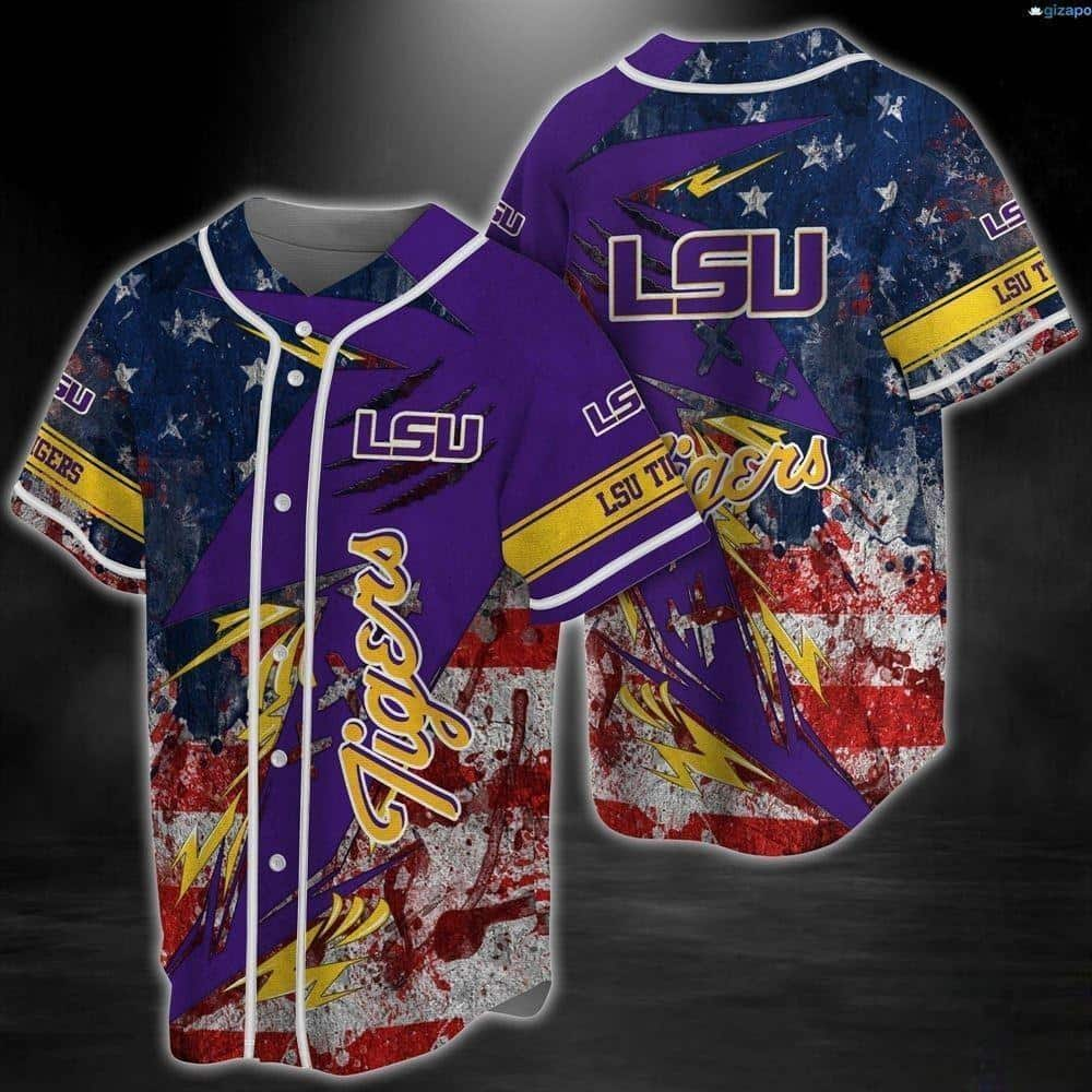 Retro LSU Tigers Baseball Jersey US Flag NCAA Gift For Loyal Fans