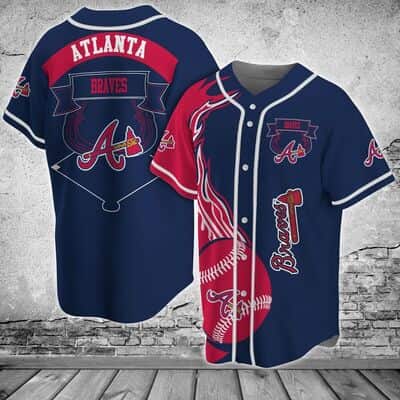 Navy MLB Atlanta Braves Baseball Jersey Flaming Baseball Gift For Him Navy MLB Atlanta Braves Baseball Jersey Flaming Baseball Gift For Him