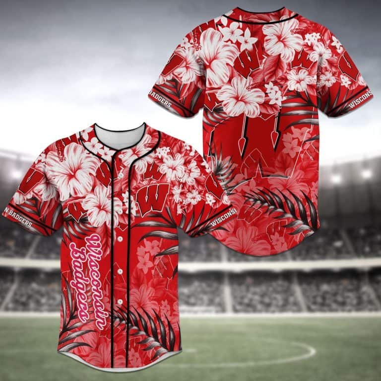 Aloha NCAA Wisconsin Badgers Baseball Jersey Hibiscus Flowers Gift For Dad Who Wants Nothing