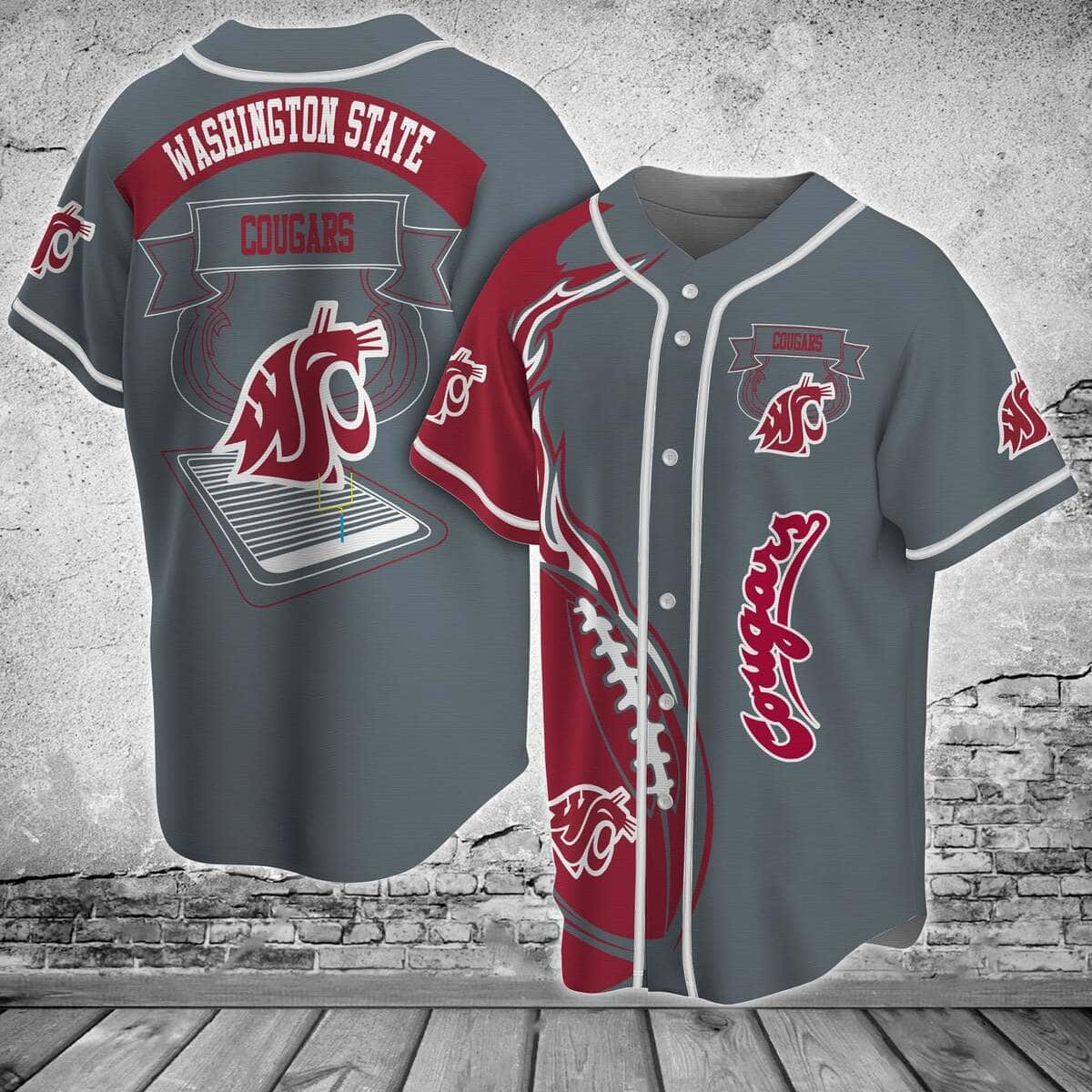 Grey NCAA Washington State Cougars Baseball Jersey Flaming Ball Gift For Sporty Boyfriend