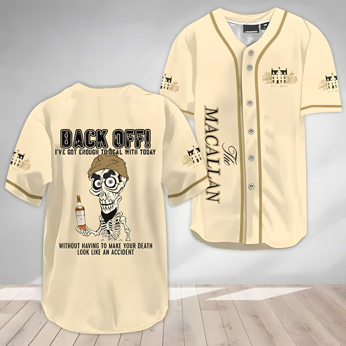 Beige Achmed Back Off And Macallan Baseball Jersey Gift For Whiskey Drinkers