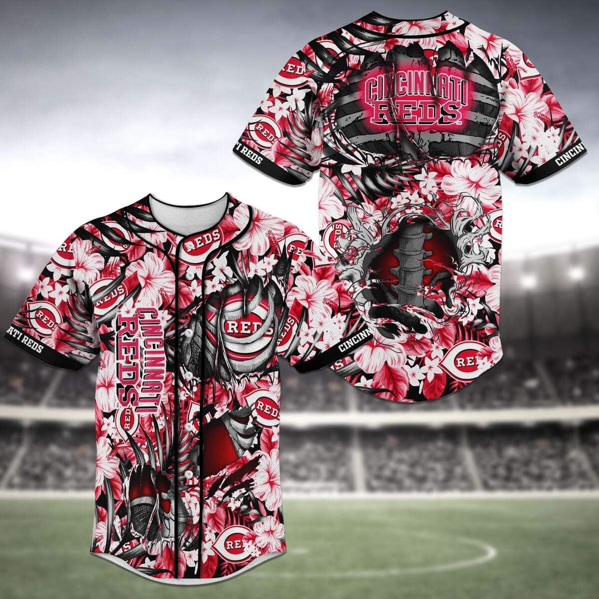 Cool MLB Cincinnati Reds Baseball Jersey Skeleton Tropical Flower Gift For Sports Fans