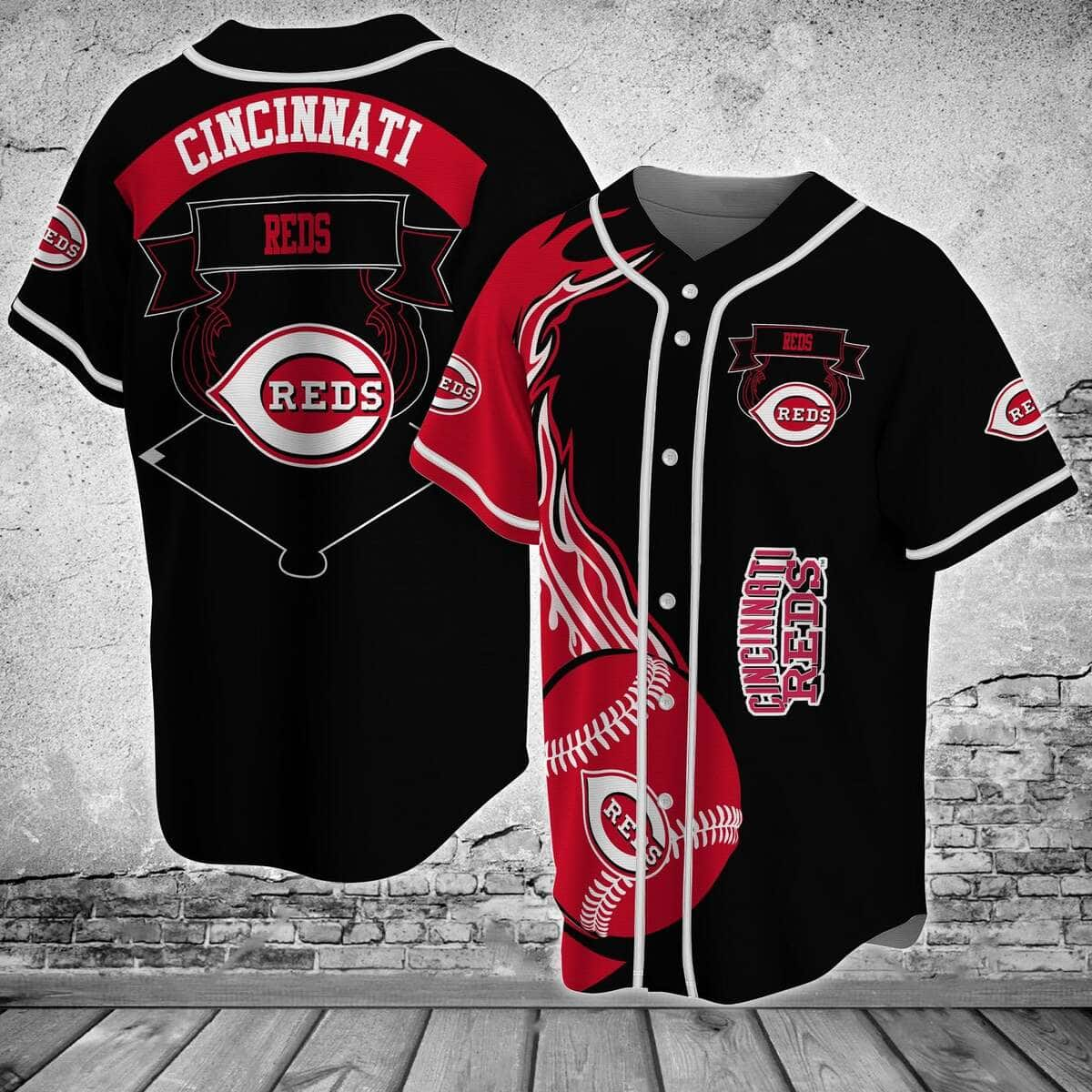 Black Cincinnati Reds Baseball Jersey Flaming Ball Gift For MLB Fans