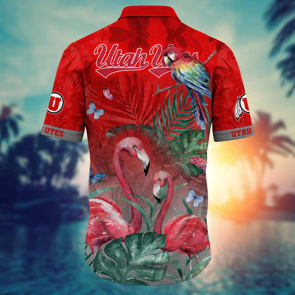 NCAA Utah Utes Hawaiian Shirt Pink Flamingo And Palm Leaves Gift For Dad NCAA Utah Utes Hawaiian Shirt Pink Flamingo And Palm Leaves Gift For Dad