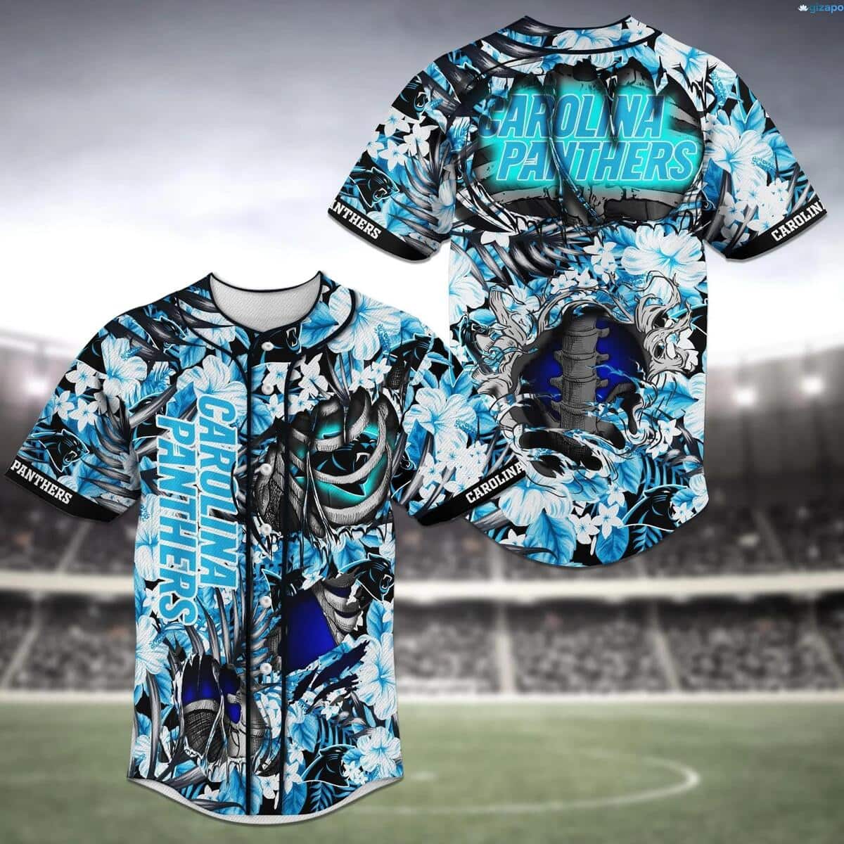 Cool NFL Carolina Panthers Baseball Jersey Skeleton And Flowers Gift For Dad