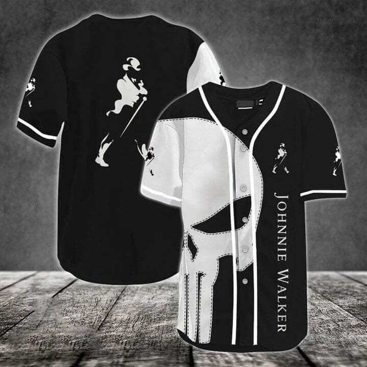 Black Johnnie Walker Baseball Jersey White Skull Gift For Sporty Husband