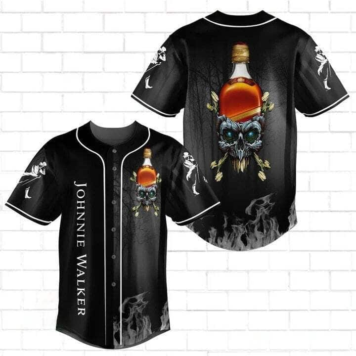 Black Johnnie Walker Baseball Jersey Cool Skull Fire Gift For Whisky Lovers