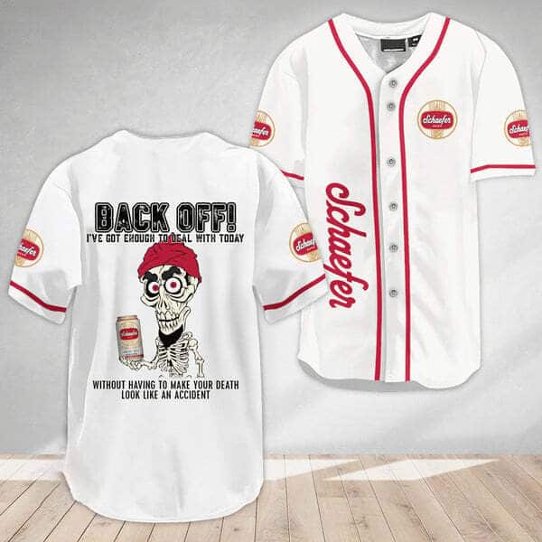 White Schaefer Baseball Jersey Achmed Back Off Gift For Beer Lovers White Schaefer Baseball Jersey Achmed Back Off Gift For Beer Lovers