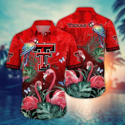 NCAA Texas Tech Red Raiders Hawaiian Shirt Pink Flamingo And Palm Leaves Gift For Friends NCAA Texas Tech Red Raiders Hawaiian Shirt Pink Flamingo And Palm Leaves Gift For Friends