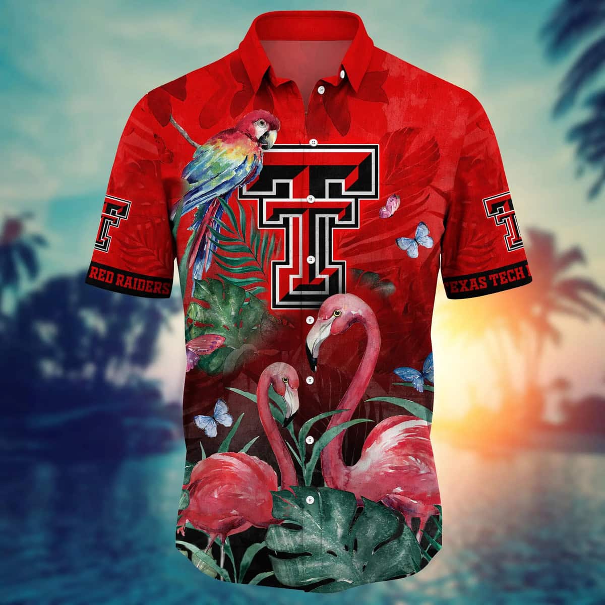NCAA Texas Tech Red Raiders Hawaiian Shirt Pink Flamingo And Palm Leaves Gift For Friends NCAA Texas Tech Red Raiders Hawaiian Shirt Pink Flamingo And Palm Leaves Gift For Friends