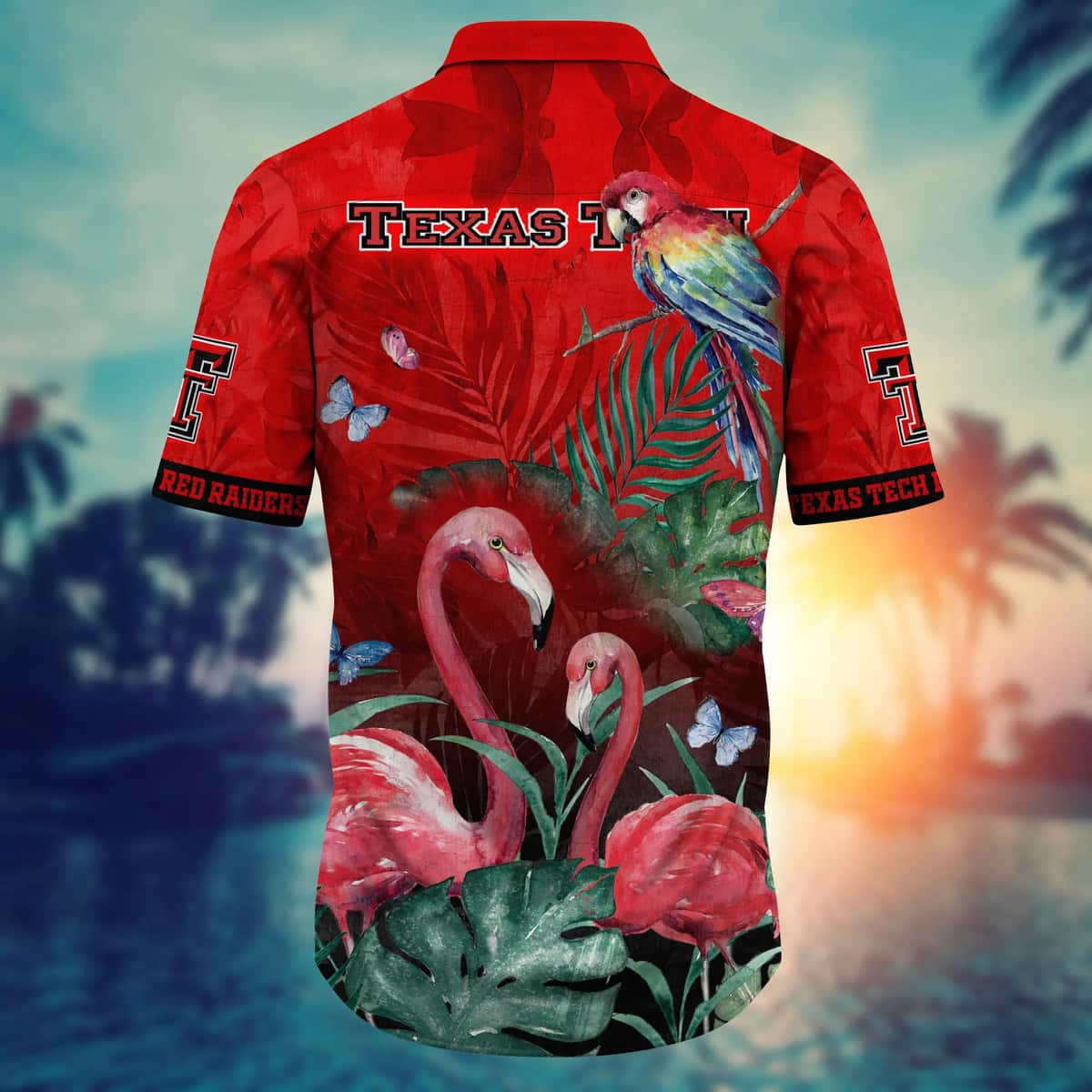 NCAA Texas Tech Red Raiders Hawaiian Shirt Pink Flamingo And Palm Leaves Gift For Friends NCAA Texas Tech Red Raiders Hawaiian Shirt Pink Flamingo And Palm Leaves Gift For Friends