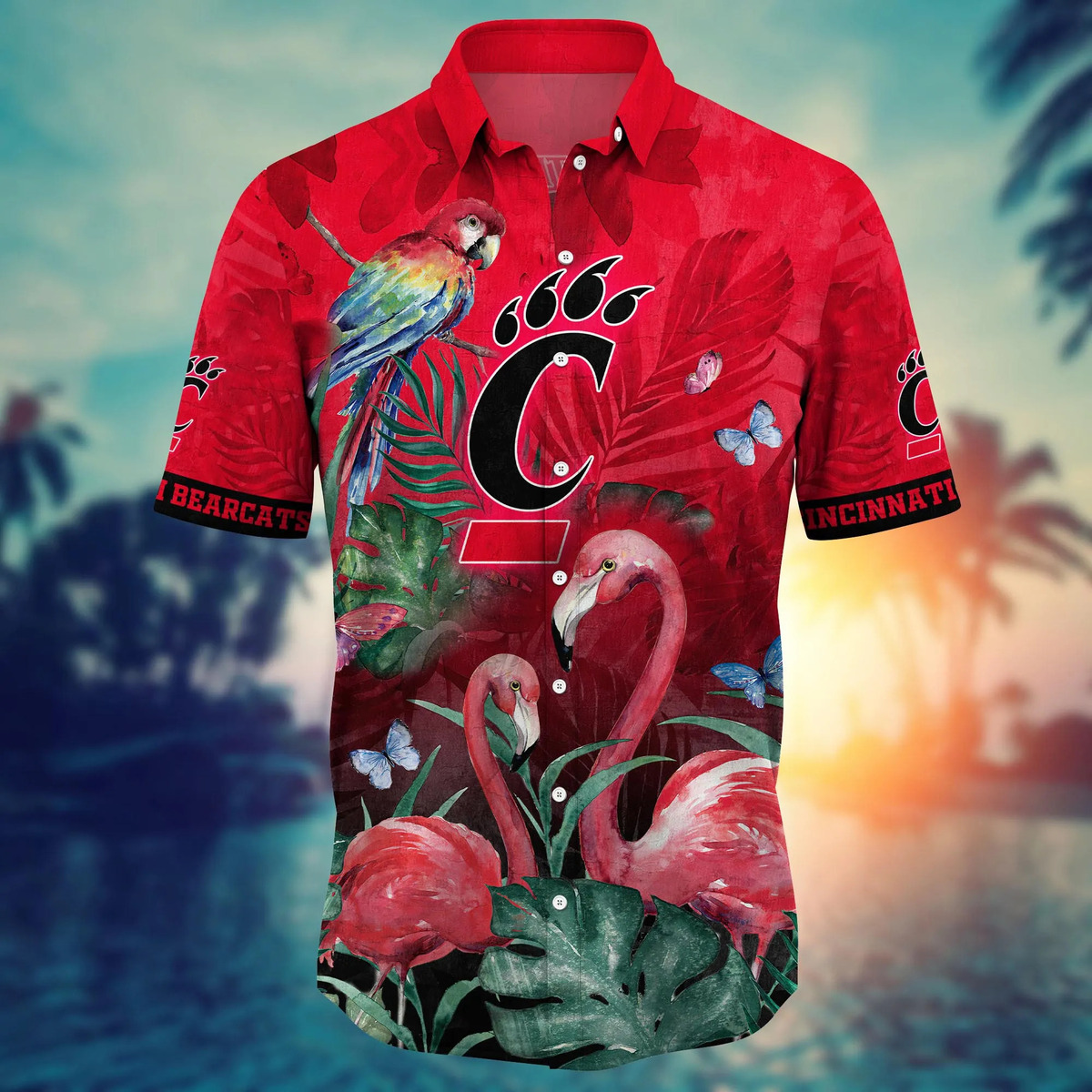 Cincinnati Bearcats NCAA Hawaiian Shirt Pink Flamingo And Palm Leaves Gift For Great Dad Cincinnati Bearcats NCAA Hawaiian Shirt Pink Flamingo And Palm Leaves Gift For Great Dad