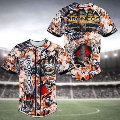 Cool NFL Denver Broncos Baseball Jersey Skeleton And Flowers Gift For Friends