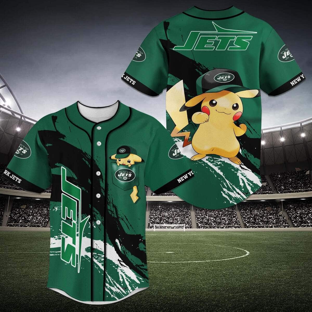 Green NFL New York Jets Baseball Jersey Cool Pikachu Gift For Boyfriend