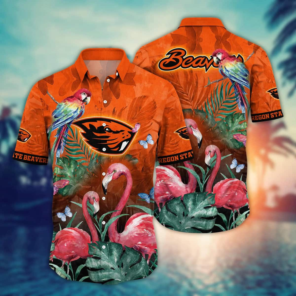 NCAA Oregon State Beavers Hawaiian Shirt Pink Flamingo And Palm Leaves Gift For Dad