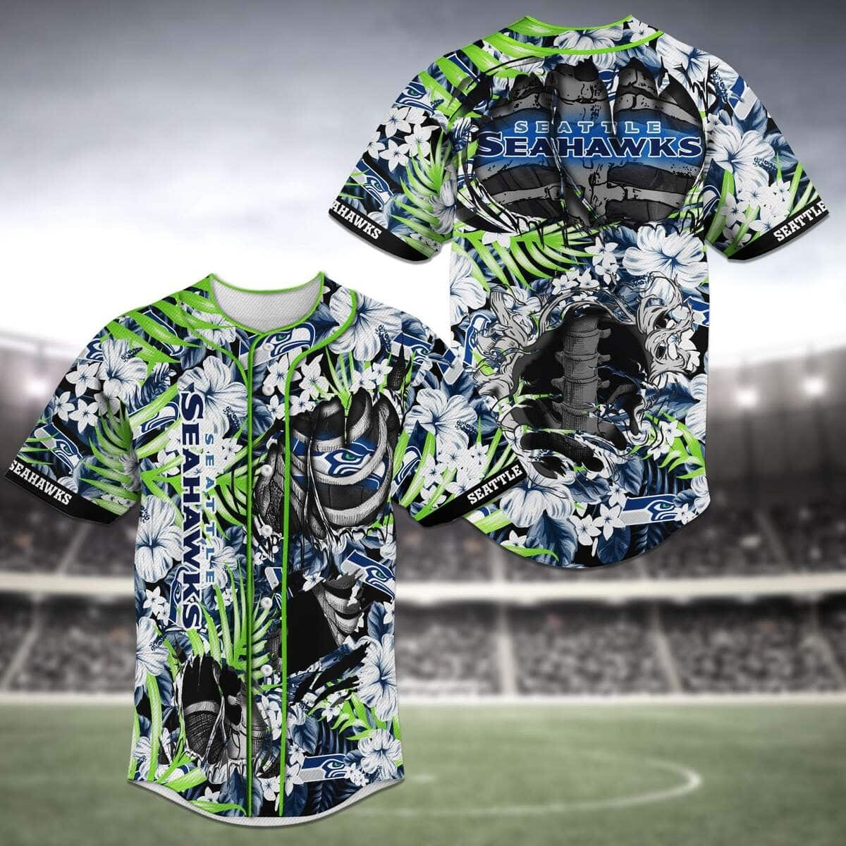 Cool NFL Seattle Seahawks Baseball Jersey Skeleton And Flowers Gift For Brother