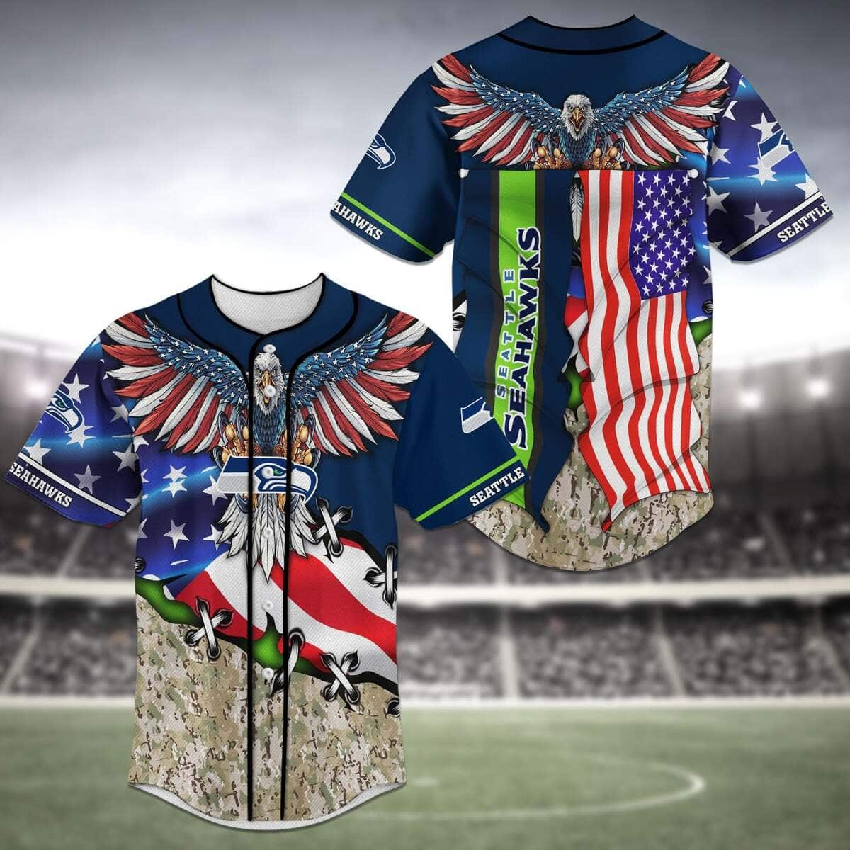 Special NFL Seattle Seahawks Baseball Jersey Eagles And US Flag Gift For Sports Fans