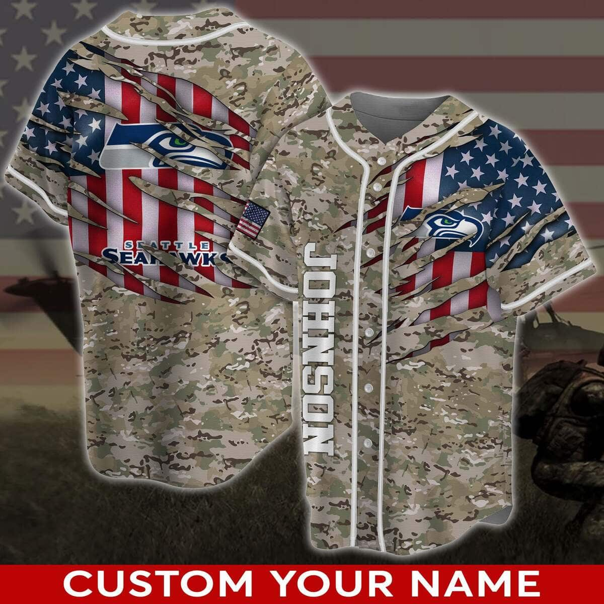 Customize NFL Seattle Seahawks Baseball Jersey Camo US Flag Gift For Dad