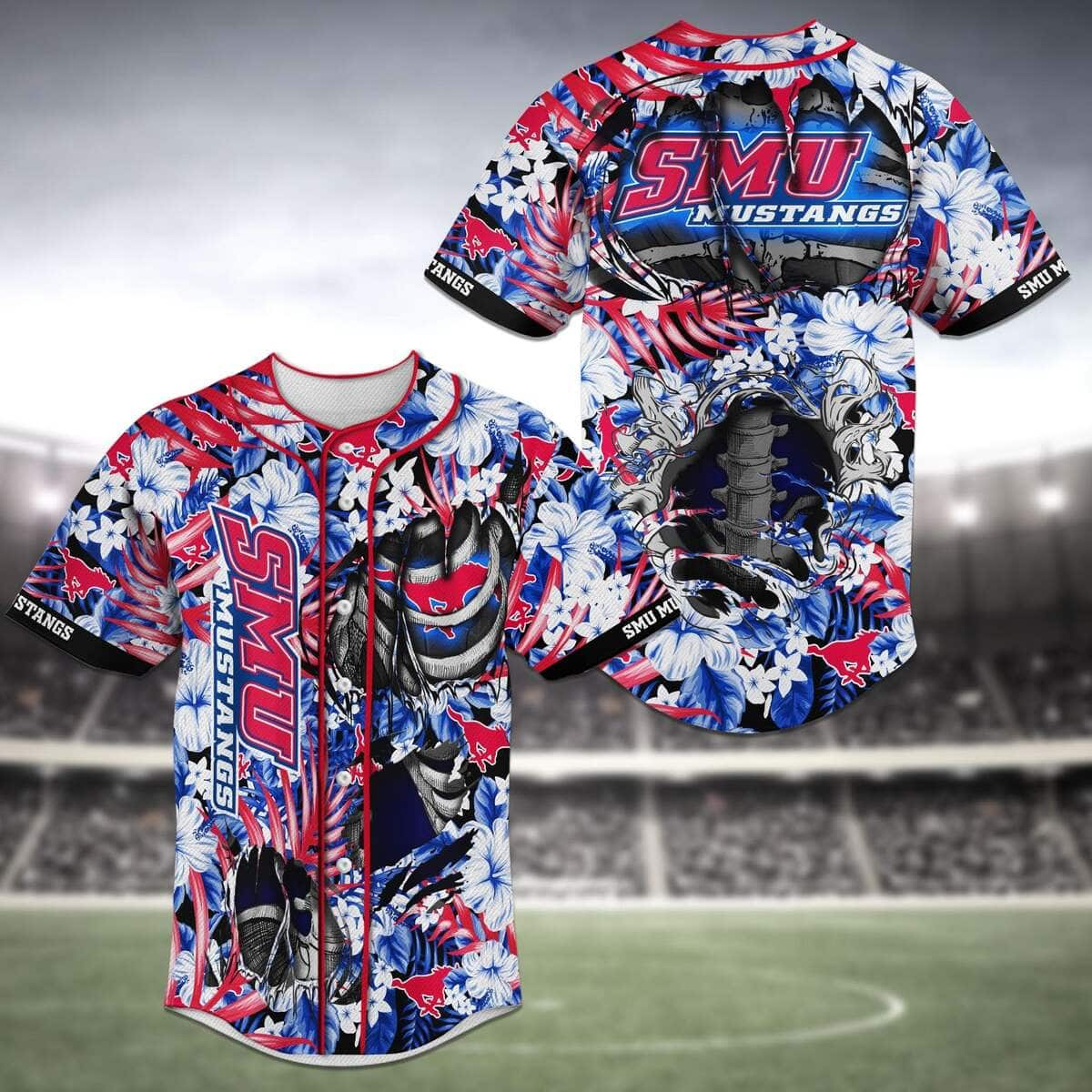 Aloha NFL SMU Mustangs Baseball Jersey Skeleton And Tropical Flower Gift For Fans